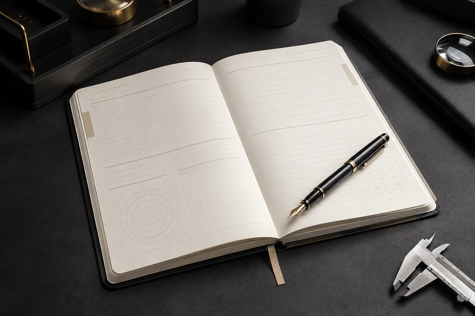 Caderno de consulta aberto com caneta e instrumento de medição sobre mesa escura.