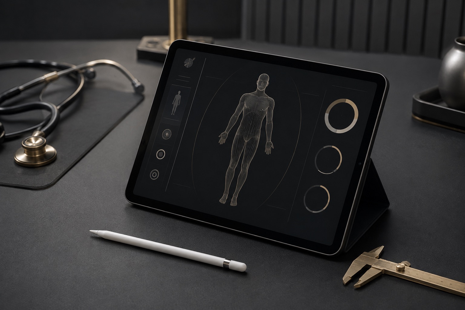 Tablet com representação corporal abstrata, caneta digital e instrumento de medição.