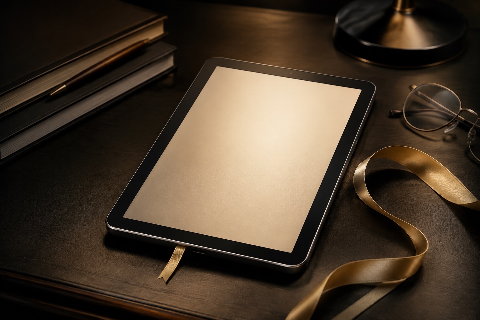 Leitor digital sobre mesa escura, com livros, óculos e uma fita dourada.