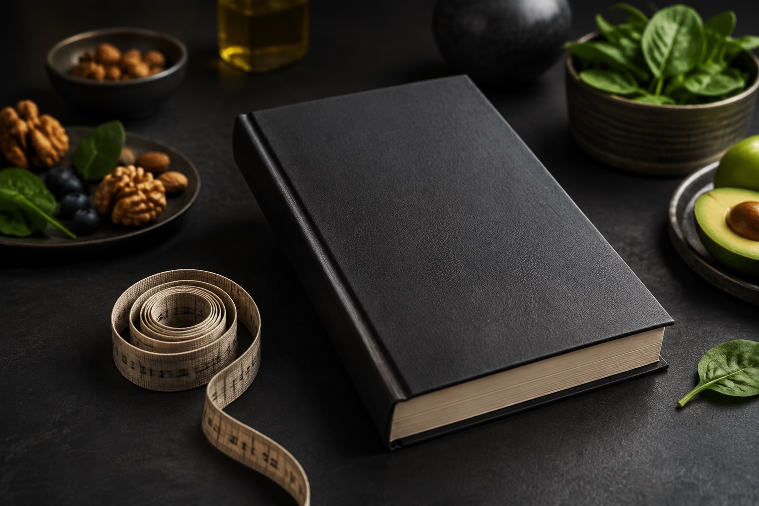 Livro de capa preta sobre mesa escura, acompanhado de alimentos e uma fita métrica.