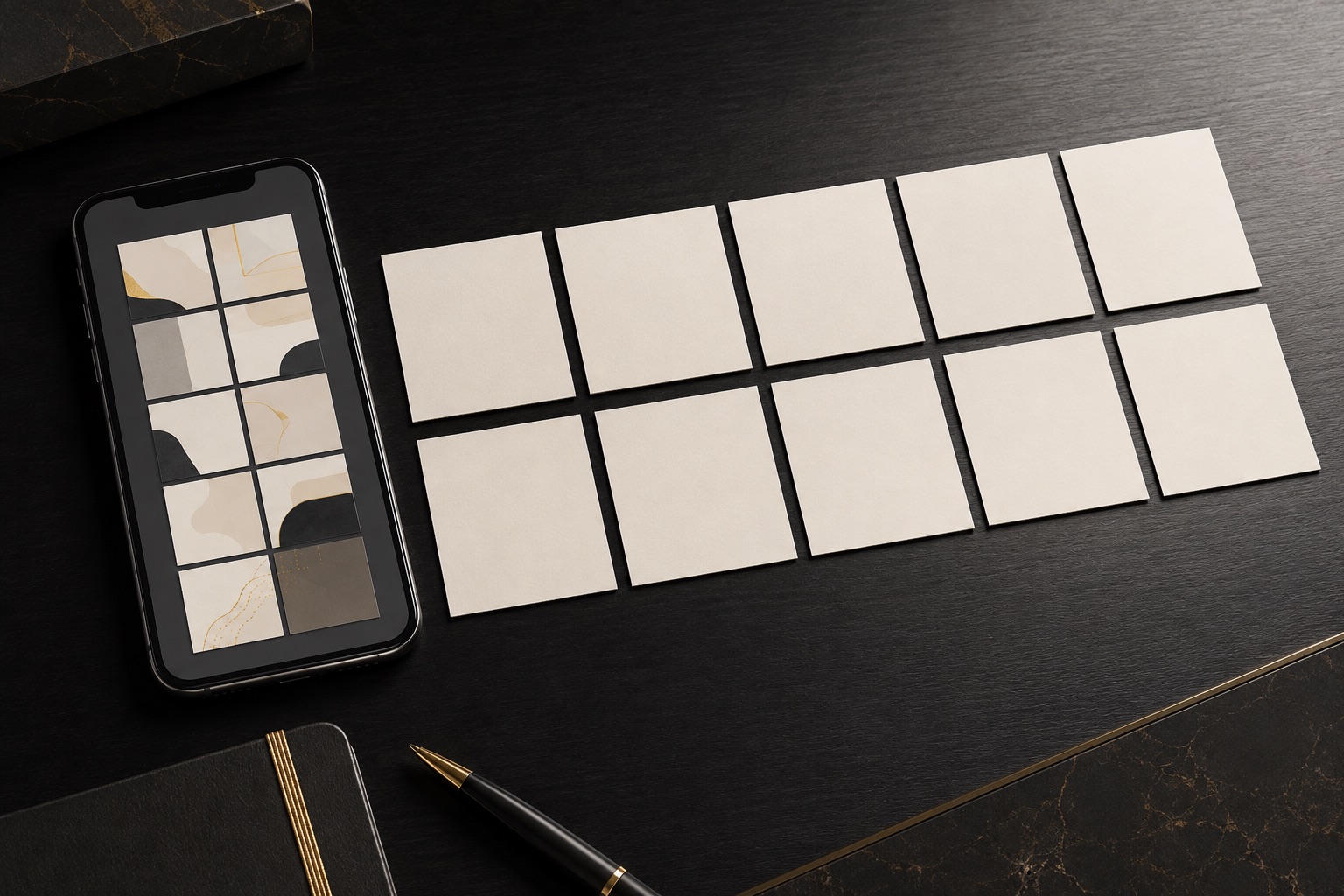 Celular e sequência de cartões editoriais organizados sobre uma mesa de trabalho escura.