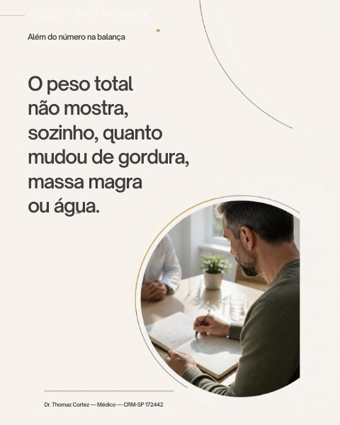 Ilustração sobre os componentes do peso corporal. Imagem gerada por IA no carrossel original; não é um resultado de exame.