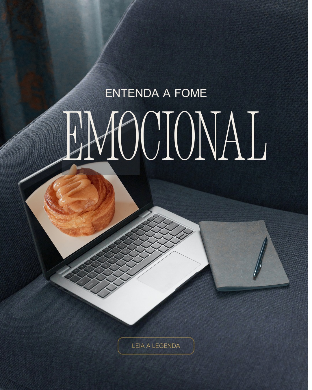 Arte da publicação original sobre fome emocional, com uma fotografia de alimento e um computador.