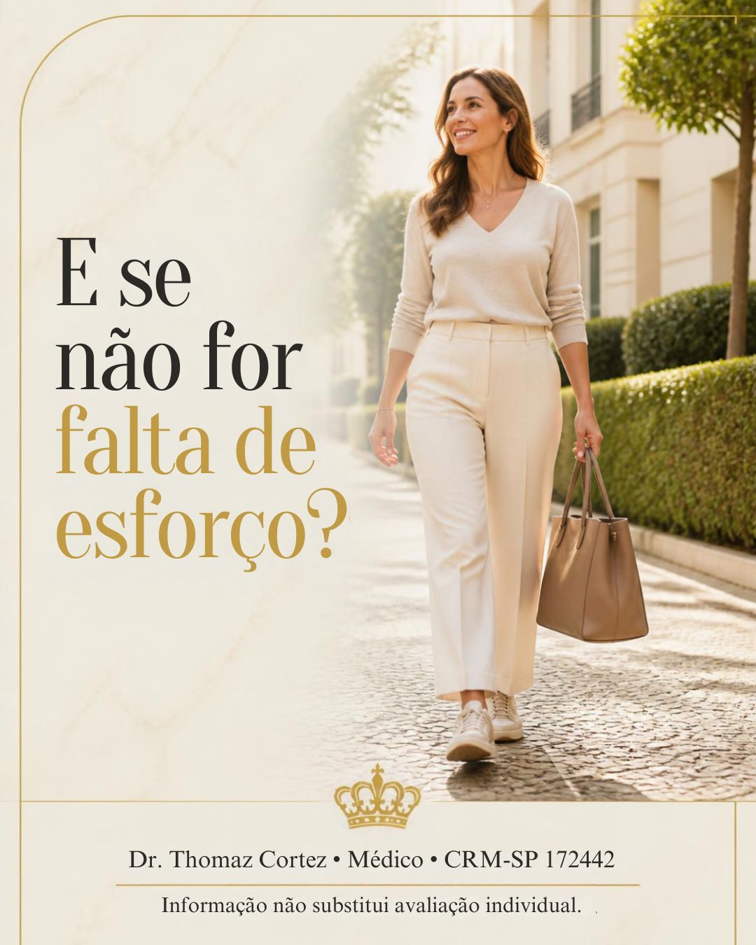 Arte original do Instagram com mulher criada por IA e a pergunta “E se não for falta de esforço?”. Imagem ilustrativa; não representa paciente nem resultado real.