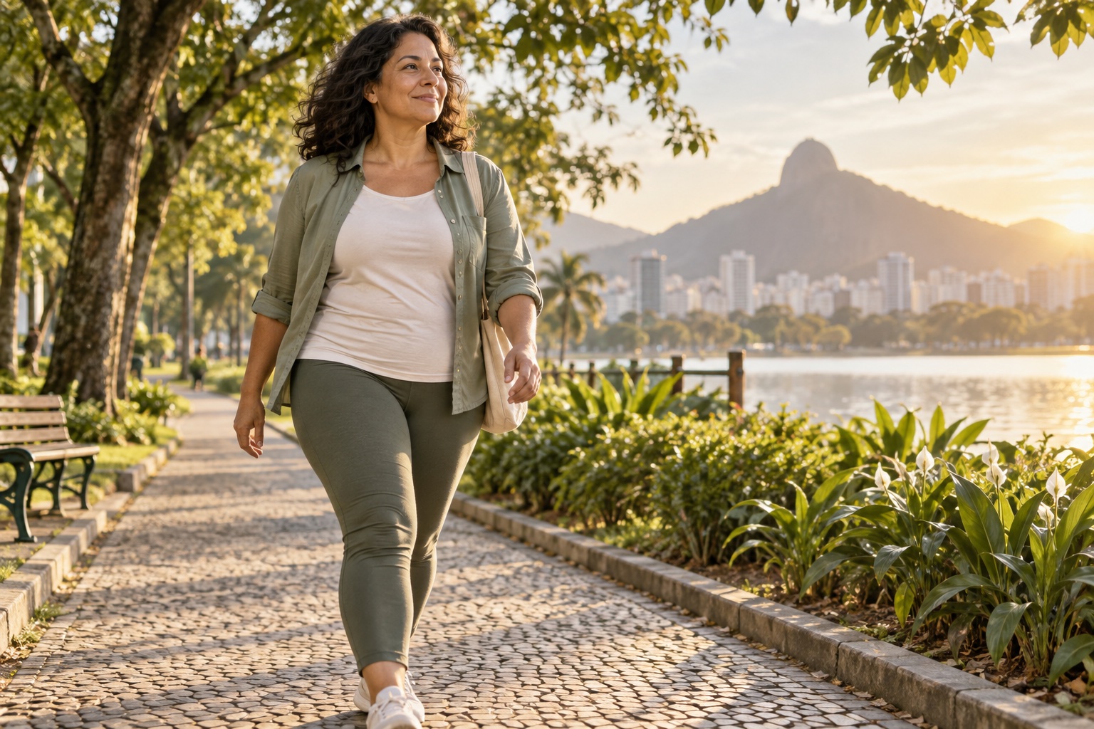 Caminhada em um parque como representação do cuidado cotidiano. Imagem ilustrativa gerada por IA; não retrata paciente real.