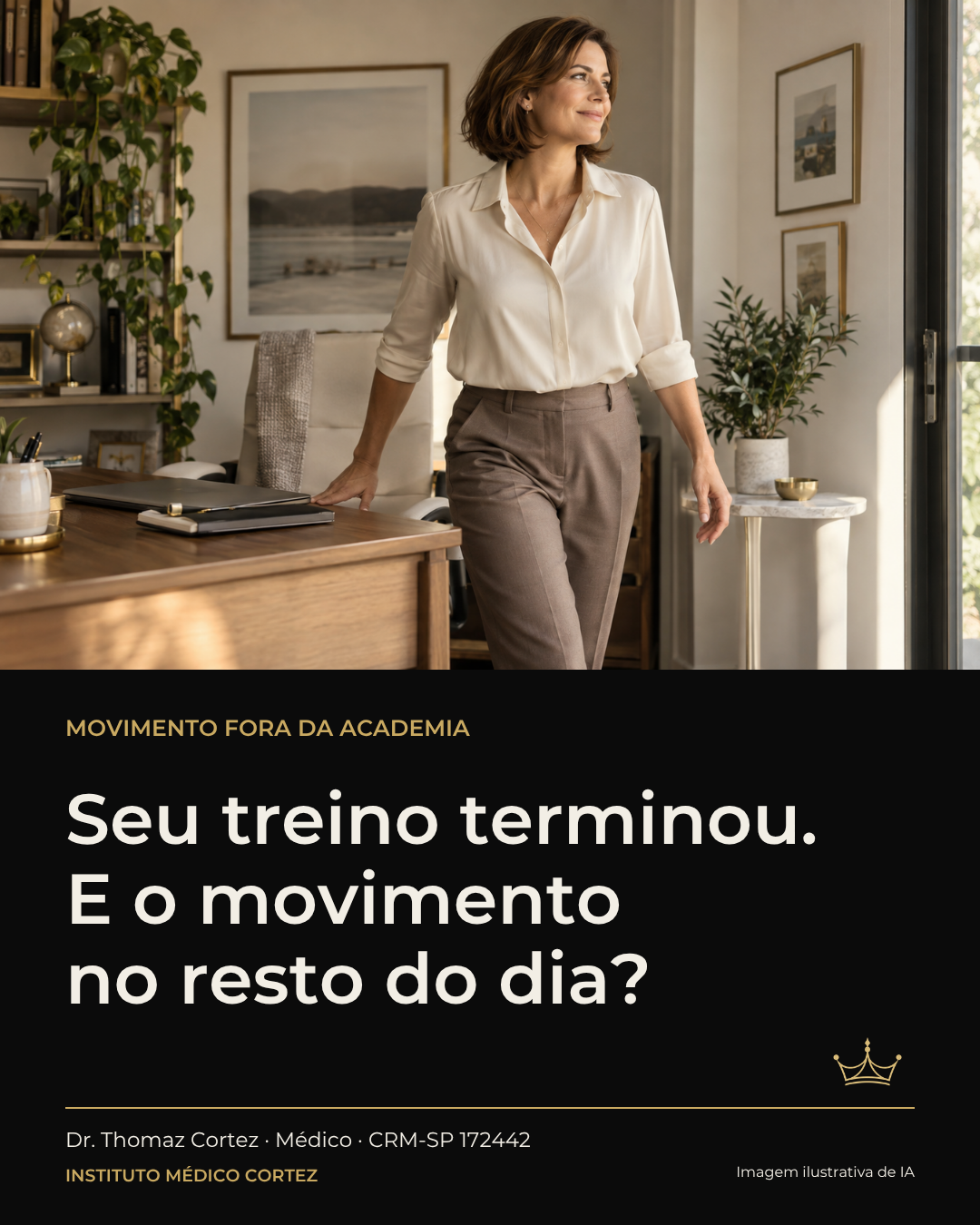 Imagem ilustrativa de IA: mulher se levantando de uma mesa em ambiente acolhedor. Arte preta, branca e dourada do Instituto Médico Cortez, com a pergunta sobre movimento no restante do dia e identificação Dr. Thomaz Cortez, Médico, CRM-SP 172442.