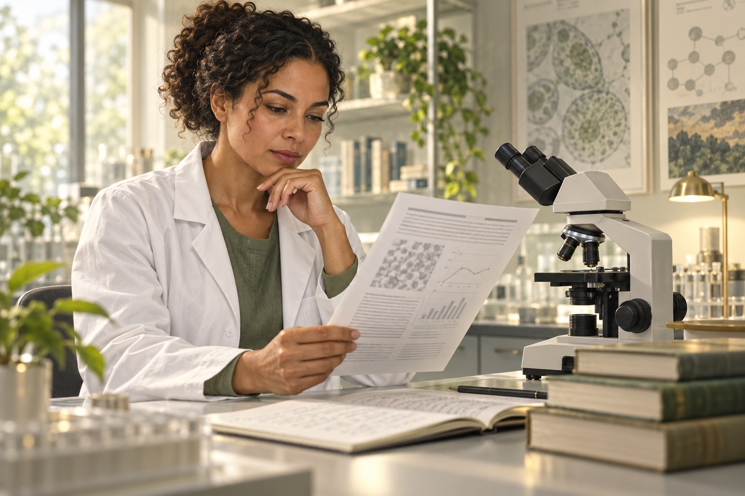 Cena conceitual de análise de pesquisa em laboratório. Imagem ilustrativa gerada por IA; pessoas, documentos e gráficos são fictícios.