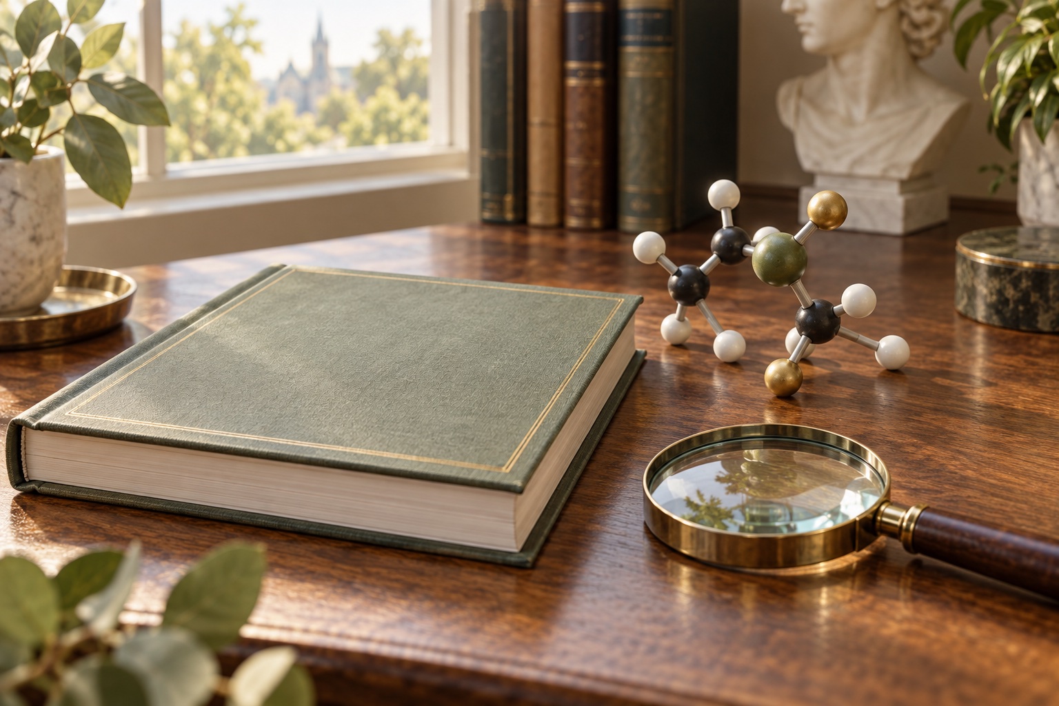 Livro e modelo molecular conceitual representam a avaliação da evidência. Imagem ilustrativa gerada por IA; não representa a estrutura de uma substância específica.
