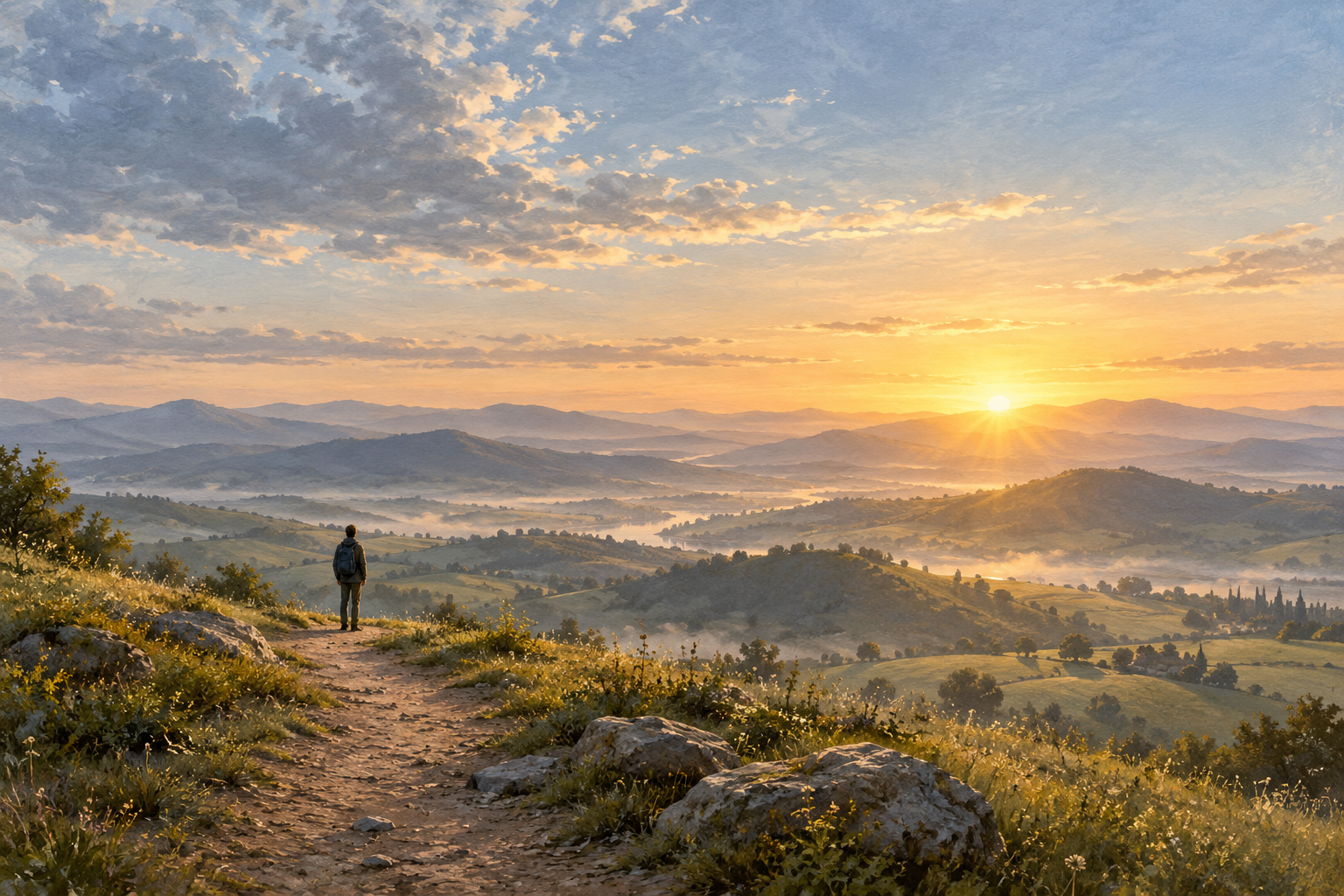 Paisagem de horizonte amplo ao amanhecer. Ilustração gerada por IA, sem representar uma pessoa real.