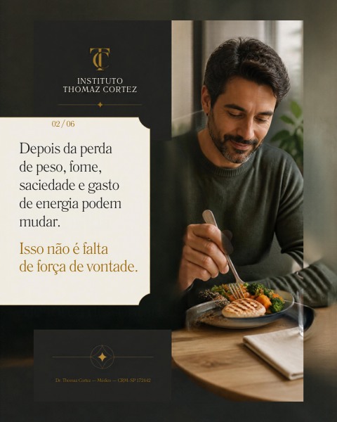Ilustração sobre mudanças nos sinais de fome e saciedade após a perda de peso. Imagem gerada por IA no carrossel original.
