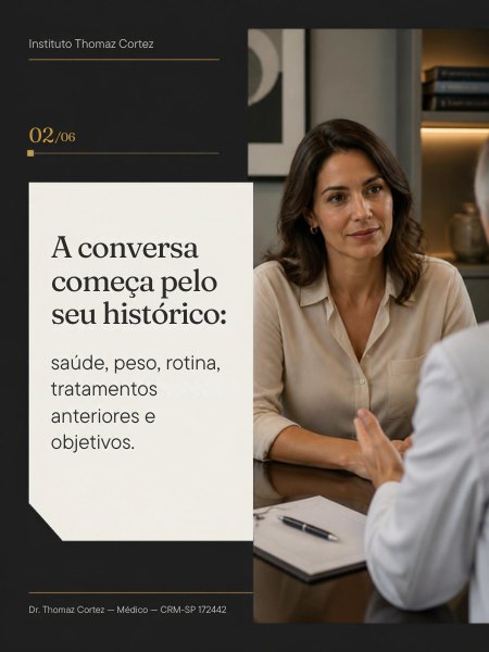 Ilustração da conversa sobre histórico e rotina. Imagem gerada por IA no carrossel original; não representa um atendimento real.
