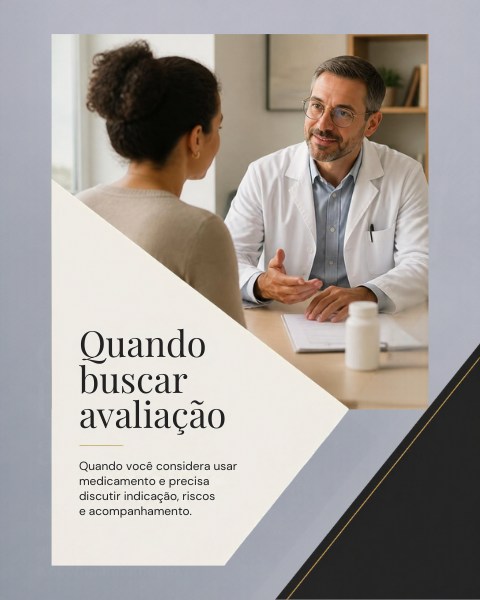 Ilustração sobre a avaliação antes de considerar medicamentos. Imagem gerada por IA no carrossel original; não representa um atendimento real.