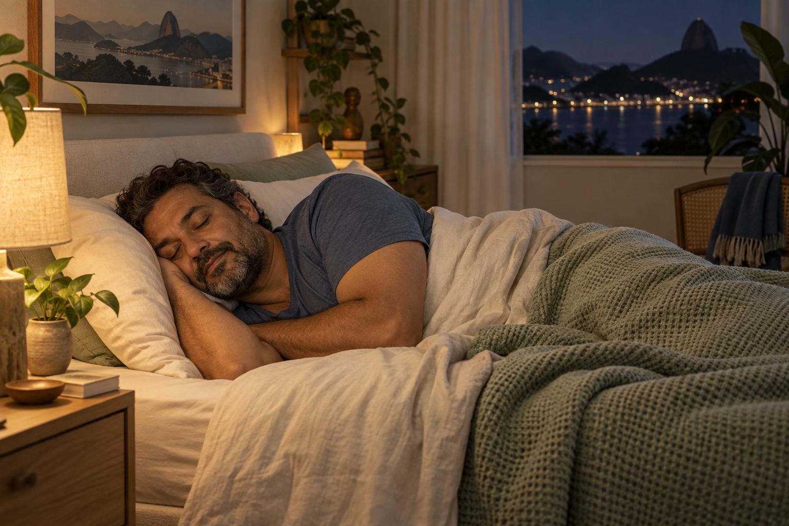 Descanso noturno em um quarto tranquilo. Imagem ilustrativa gerada por IA; não retrata paciente real.
