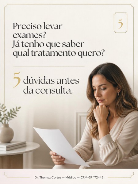 Ilustração de preparação para a consulta, do carrossel original. Imagem gerada por IA; não representa um atendimento real.