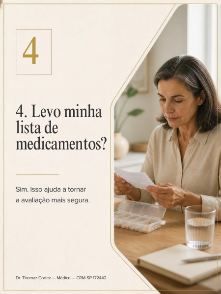 Ilustração sobre levar a lista de medicamentos à avaliação. Imagem gerada por IA no carrossel original; não representa um atendimento real.